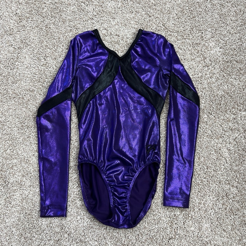 GK Elite Gymnastics Leotard Women XS Purple Metallic Black Long Sleeve Bodysuit